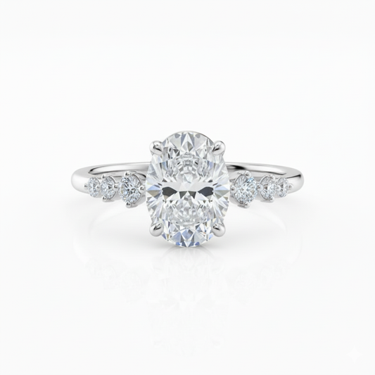 Oval Cut Moissanite Engagement Ring in Hidden Halo And Side Stones