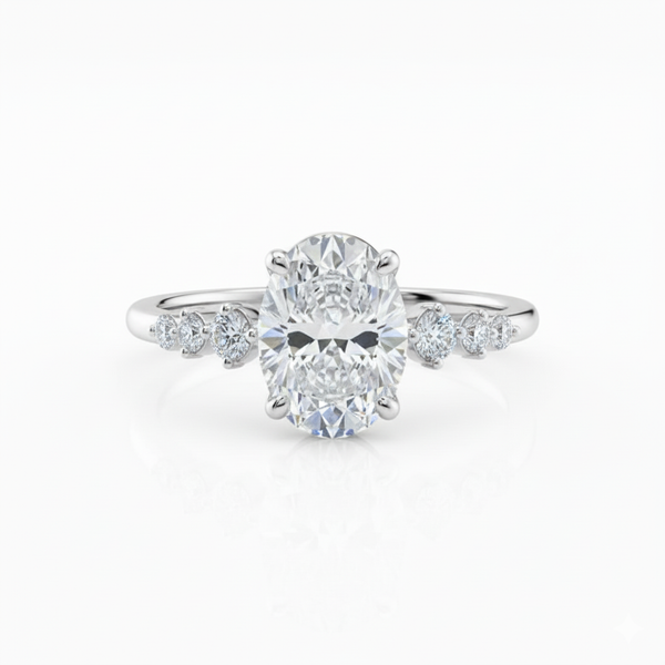 Oval Cut Moissanite Engagement Ring in Hidden Halo And Side Stones