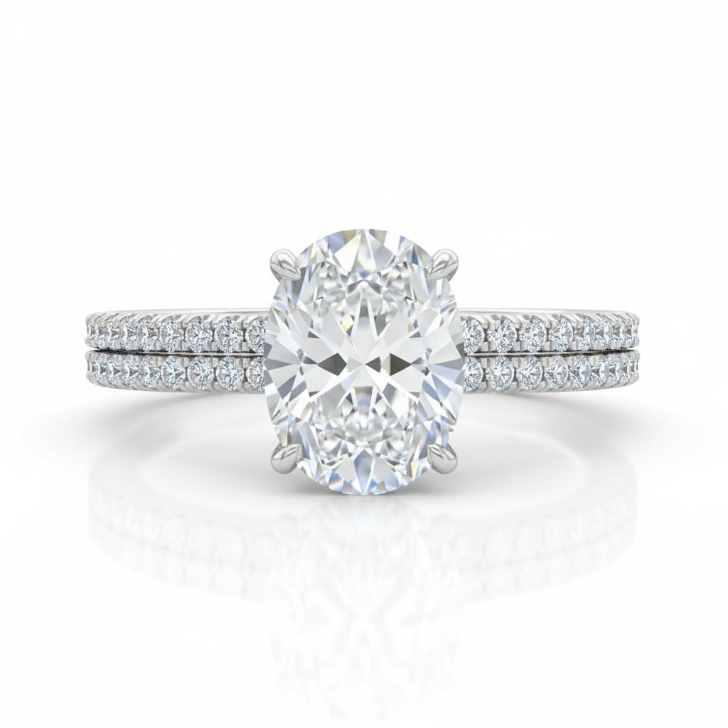 Oval Cut Moissanite Engagement Ring in Shoulder Set Double Pave Setting