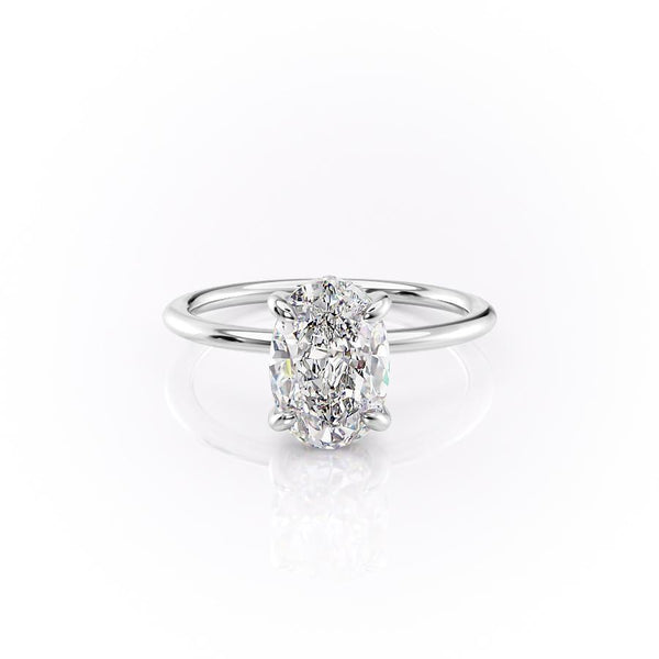 Oval Cut Moissanite Engagement Ring, Plain Silver Band & Hidden Halo