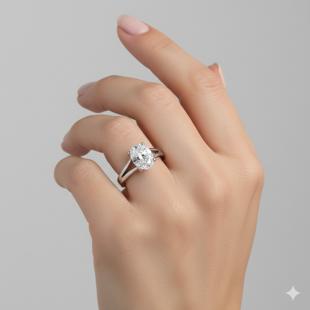 Oval Cut Moissanite Engagement Ring, Split Shank Prong Setting