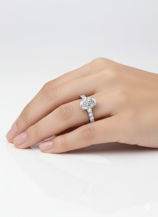 Oval Cut Moissanite Engagement Ring, Stone Set Shoulders With Hidden Halao