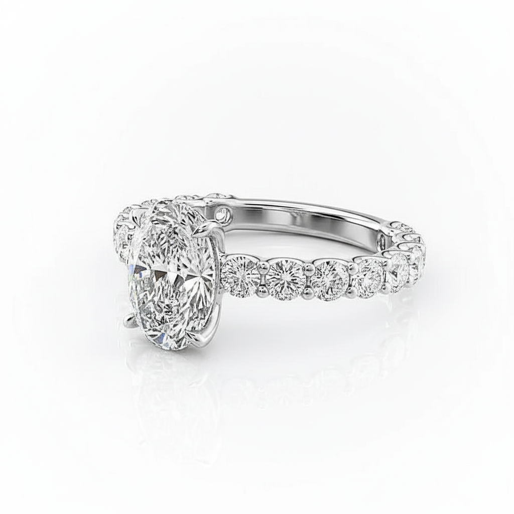 Oval Cut Moissanite Engagement Ring, Stone Set Shoulders With Hidden Halao