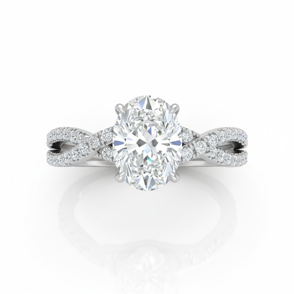 Oval Cut Moissanite Engagement Ring, Twisted Band with Hidden Halo