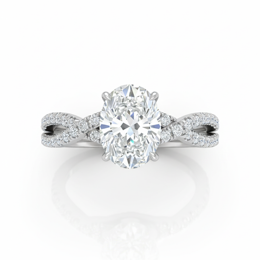 Oval Cut Moissanite Engagement Ring, Twisted Band with Hidden Halo