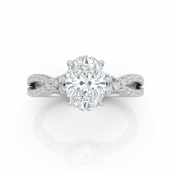 Oval Cut Moissanite Engagement Ring, Twisted Band with Hidden Halo
