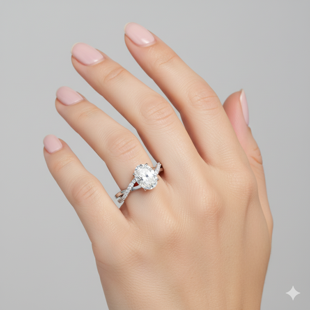 Oval Cut Moissanite Engagement Ring, Twisted Shoulder Set 