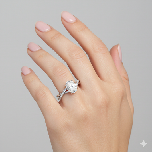 Oval Cut Moissanite Engagement Ring, Twisted Shoulder Set 