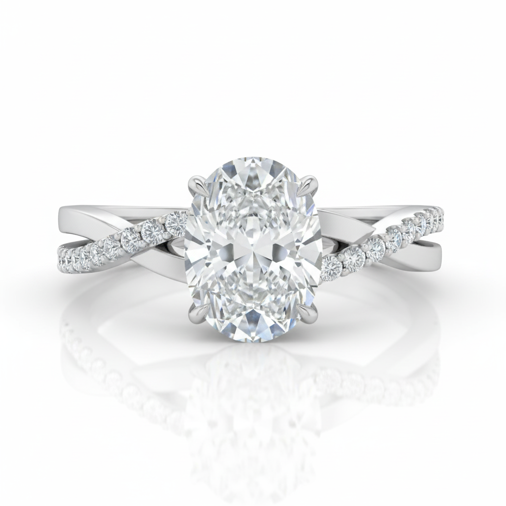 Oval Cut Moissanite Engagement Ring, Twisted Shoulder Set 