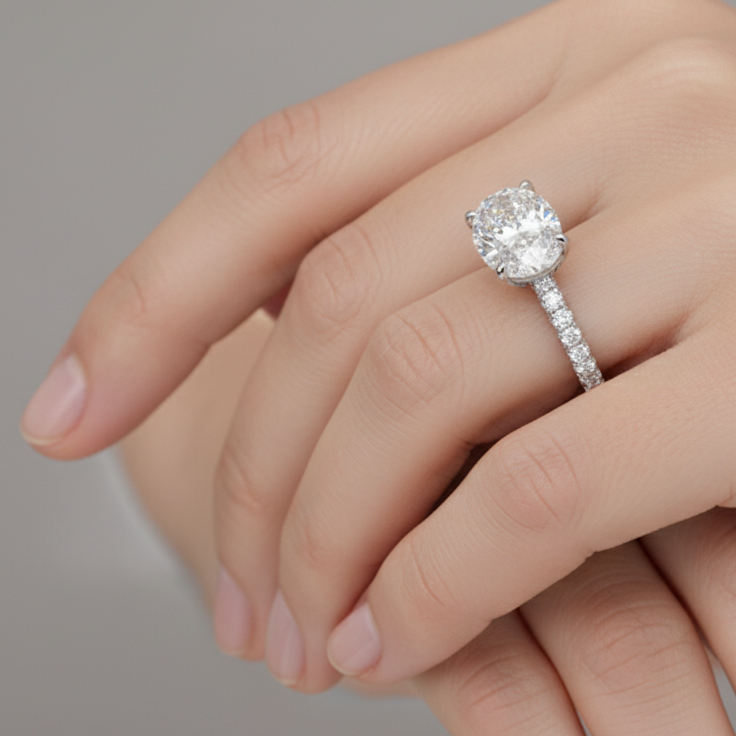 Oval Cut Moissanite Engagement Ring with Hidden Halo and Double Pave Band