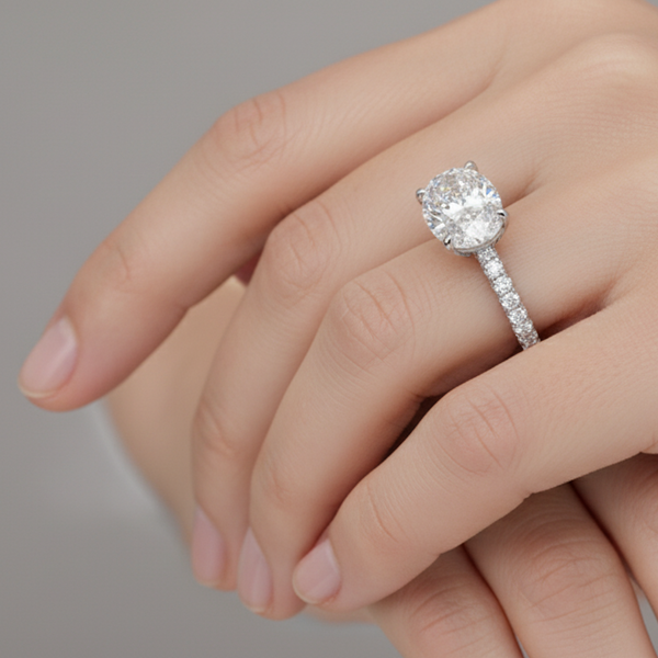 Oval Cut Moissanite Engagement Ring with Hidden Halo and Double Pave B