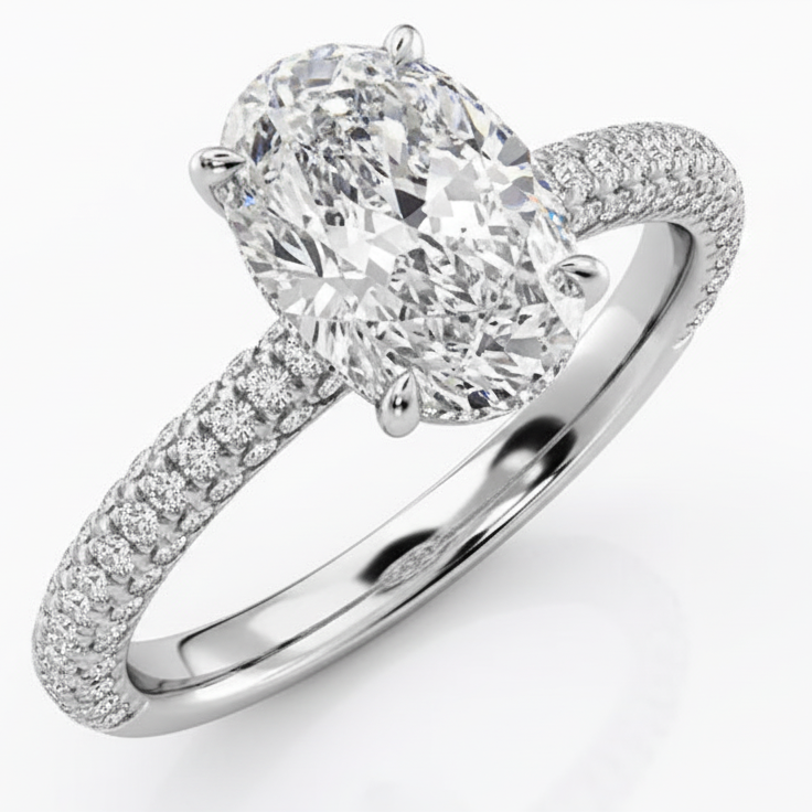 Oval Cut Moissanite Engagement Ring with Hidden Halo and Double Pave Band