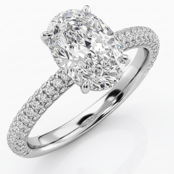 Oval Cut Moissanite Engagement Ring with Hidden Halo and Double Pave Band