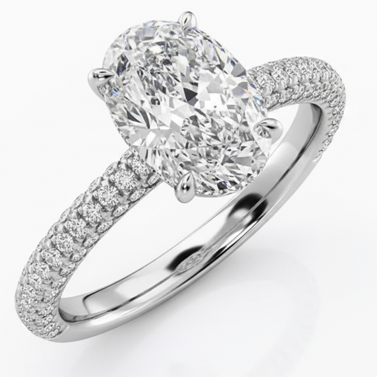 Oval Cut Moissanite Engagement Ring with Hidden Halo and Double Pave Band