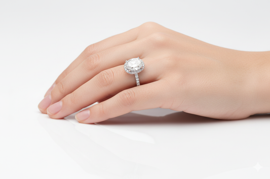 Oval Cut Moissanite Engagement Ring with Hidden Halo and Half Pave Band