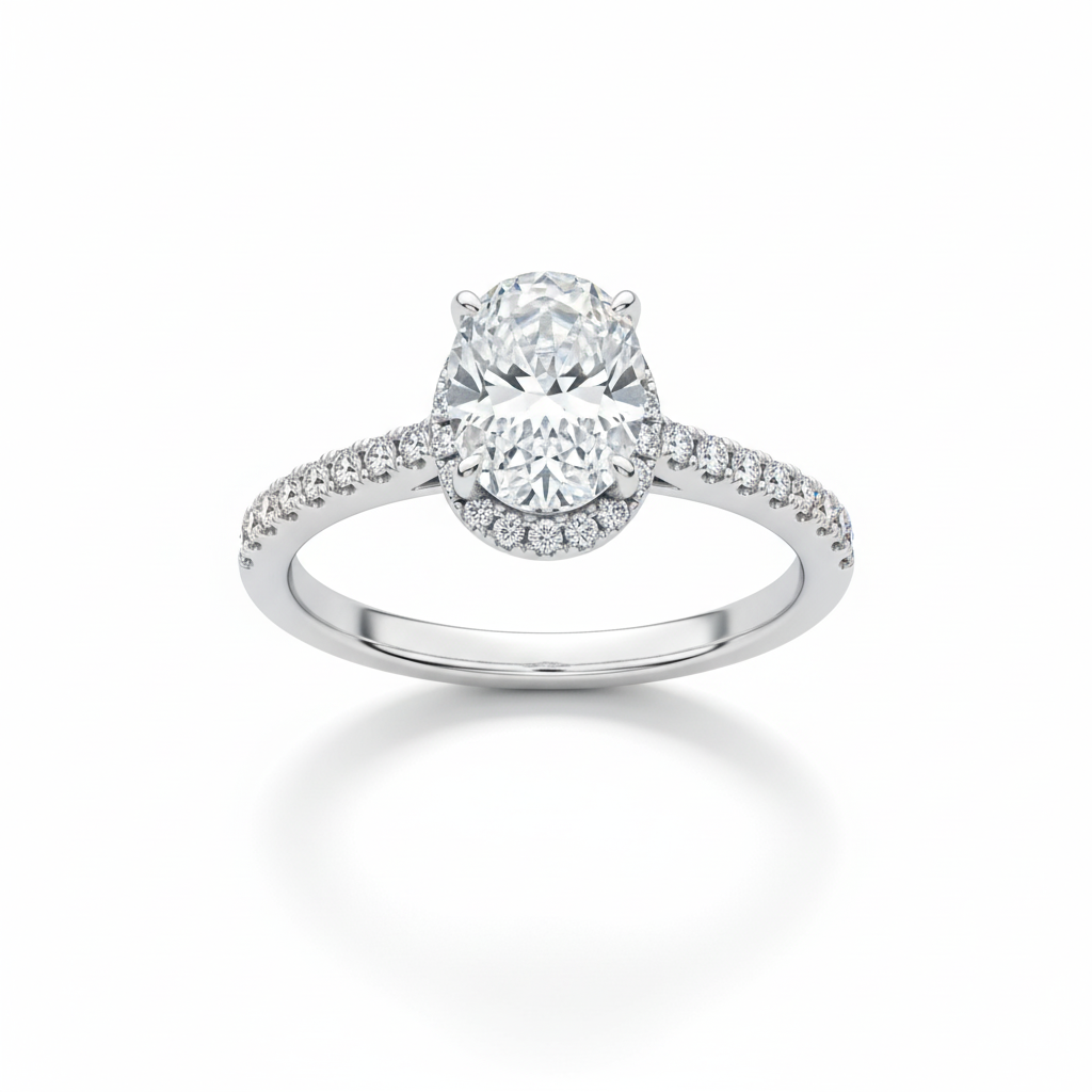 Oval Cut Moissanite Engagement Ring with Hidden Halo and Half Pave Band