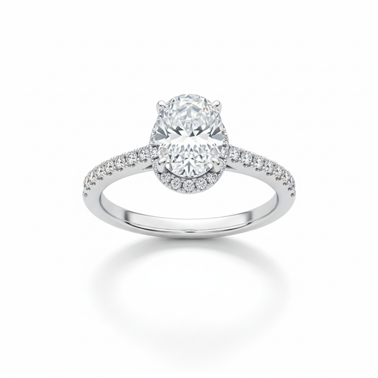 Oval Cut Moissanite Engagement Ring with Hidden Halo and Half Pave Band