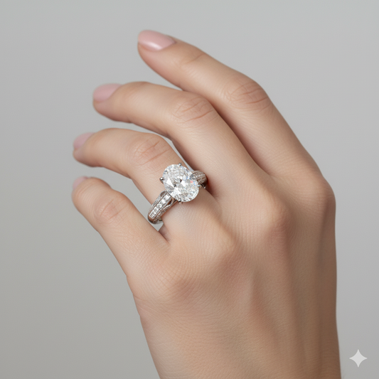 Oval Cut Moissanite Engagement Ring with Pave Stone Set Shoulders Vintage Design