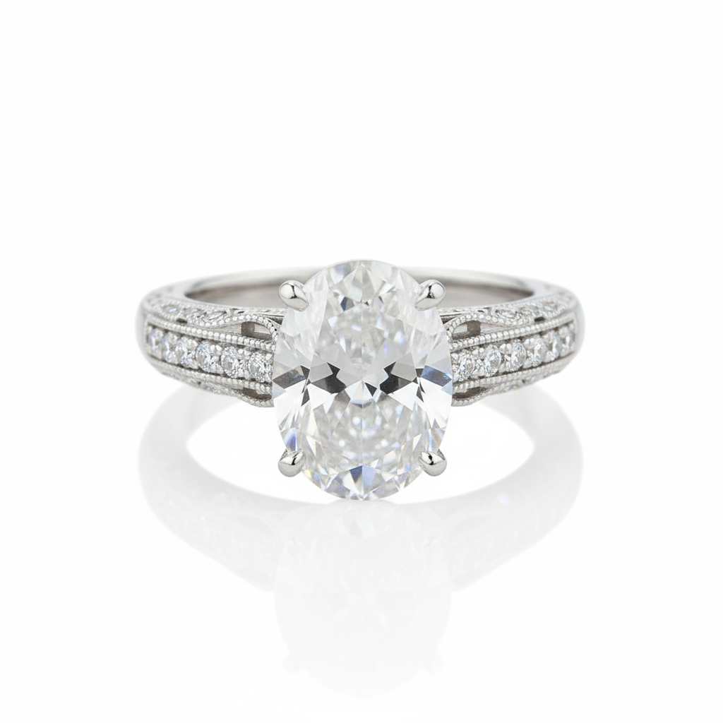 Oval Cut Moissanite Engagement Ring with Pave Stone Set Shoulders Vintage Design