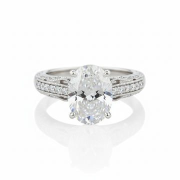 Oval Cut Moissanite Engagement Ring with Pave Stone Set Shoulders Vintage Design