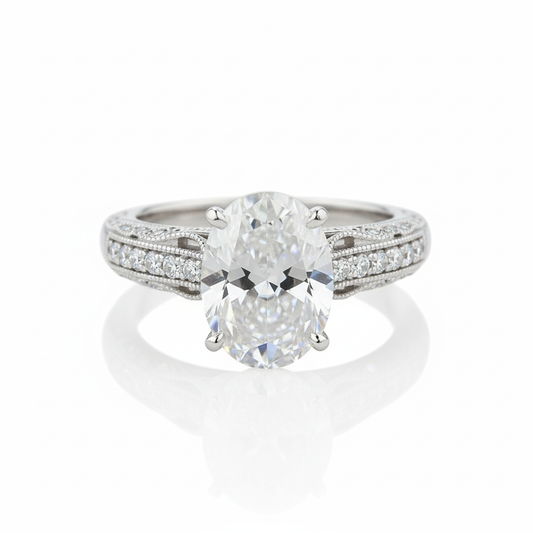 Oval Cut Moissanite Engagement Ring with Pave Stone Set Shoulders Vintage Design