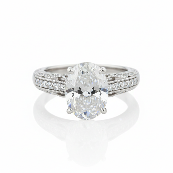 Oval Cut Moissanite Engagement Ring with Pave Stone Set Shoulders Vintage Design