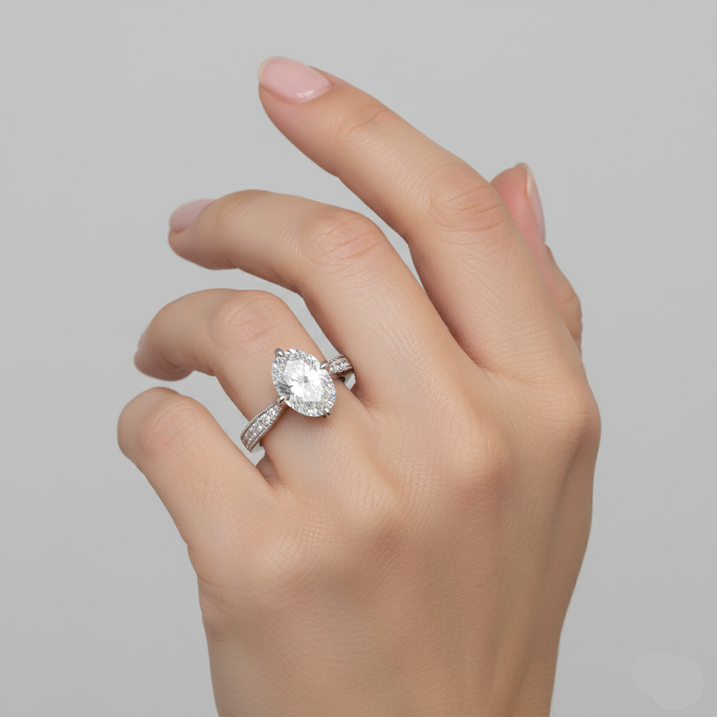 Oval Cut Moissanite Engagement Ring With Shoulder Set Milgrain Edge