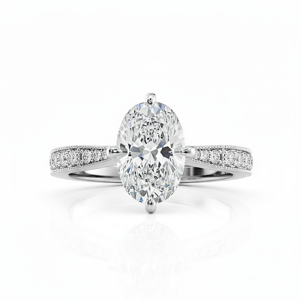 Oval Cut Moissanite Engagement Ring With Shoulder Set Milgrain Edge
