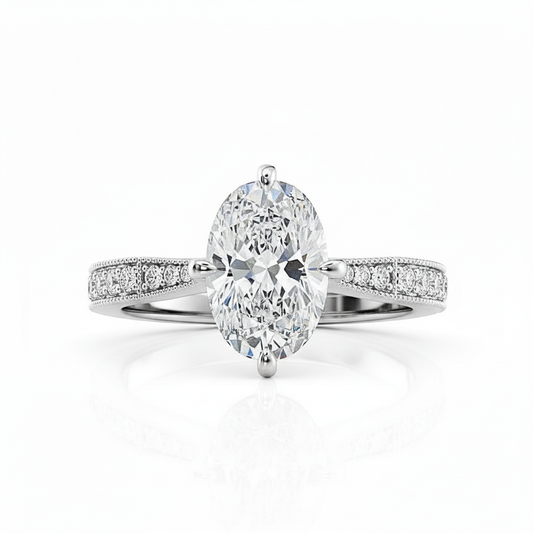 Oval Cut Moissanite Engagement Ring With Shoulder Set Milgrain Edge