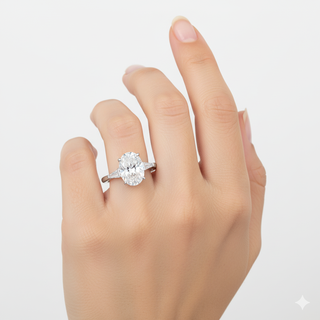 Oval Cut Moissanite Engagement Ring with Tapered Baguette Side Stones