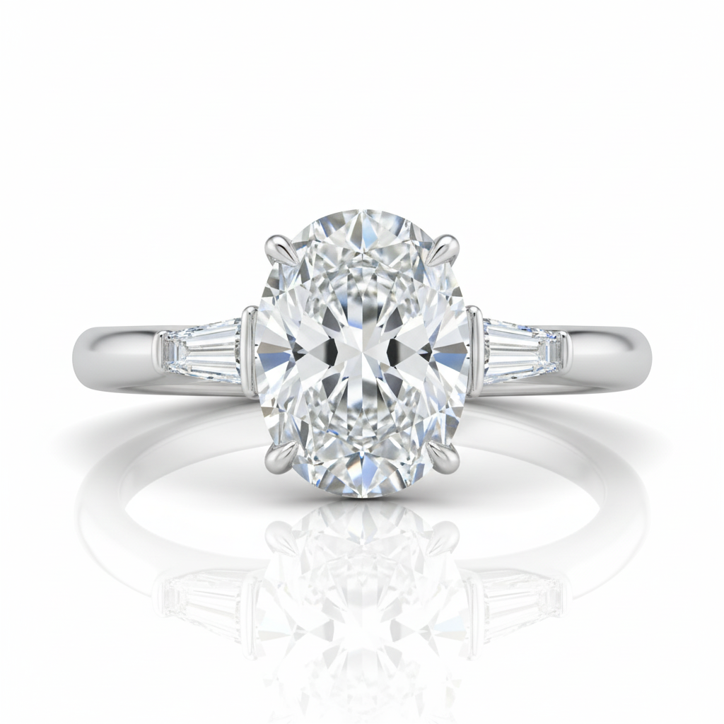 Oval Cut Moissanite Engagement Ring with Tapered Baguette Side Stones