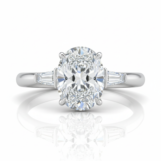Oval Cut Moissanite Engagement Ring with Tapered Baguette Side Stones