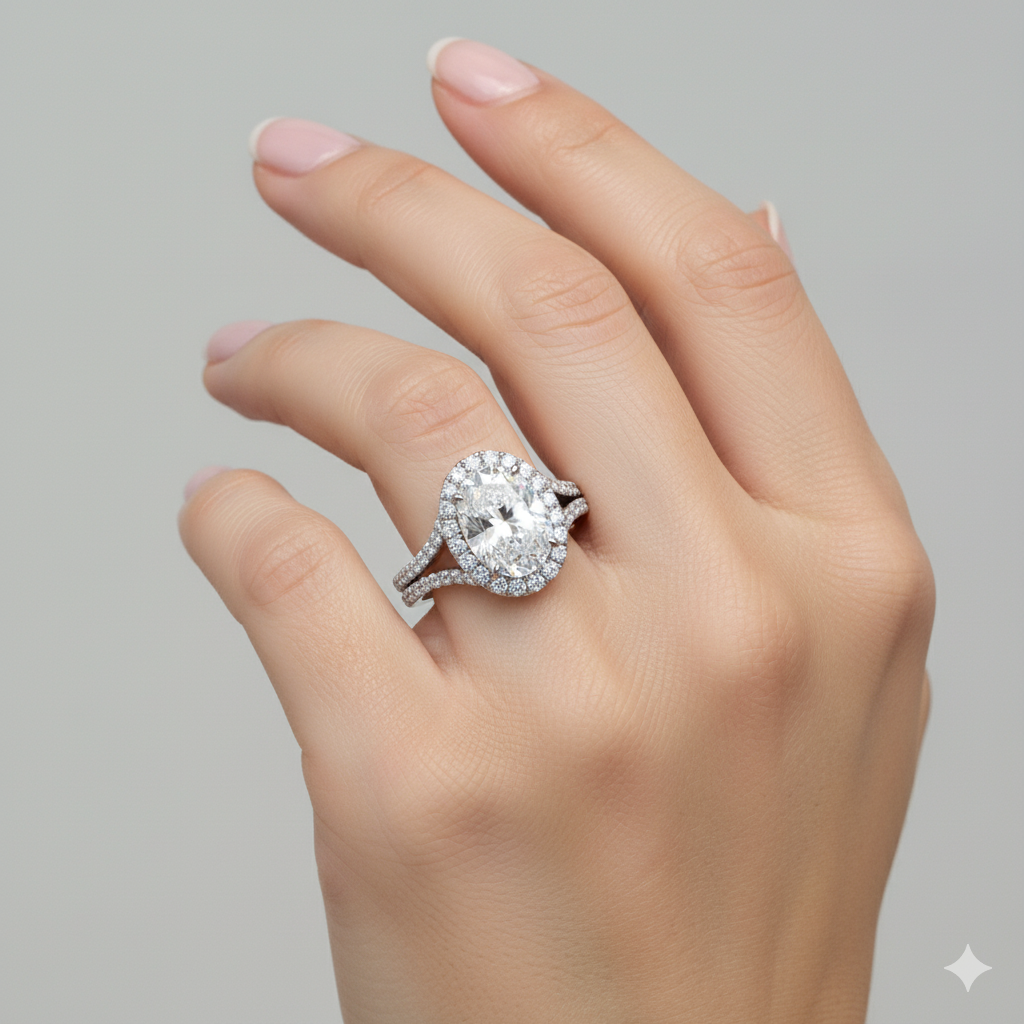 Oval Cut Moissanite Halo Engagement Ring, Split Shank Tiffany Style