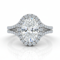 Oval Cut Moissanite Halo Engagement Ring, Split Shank Tiffany Style