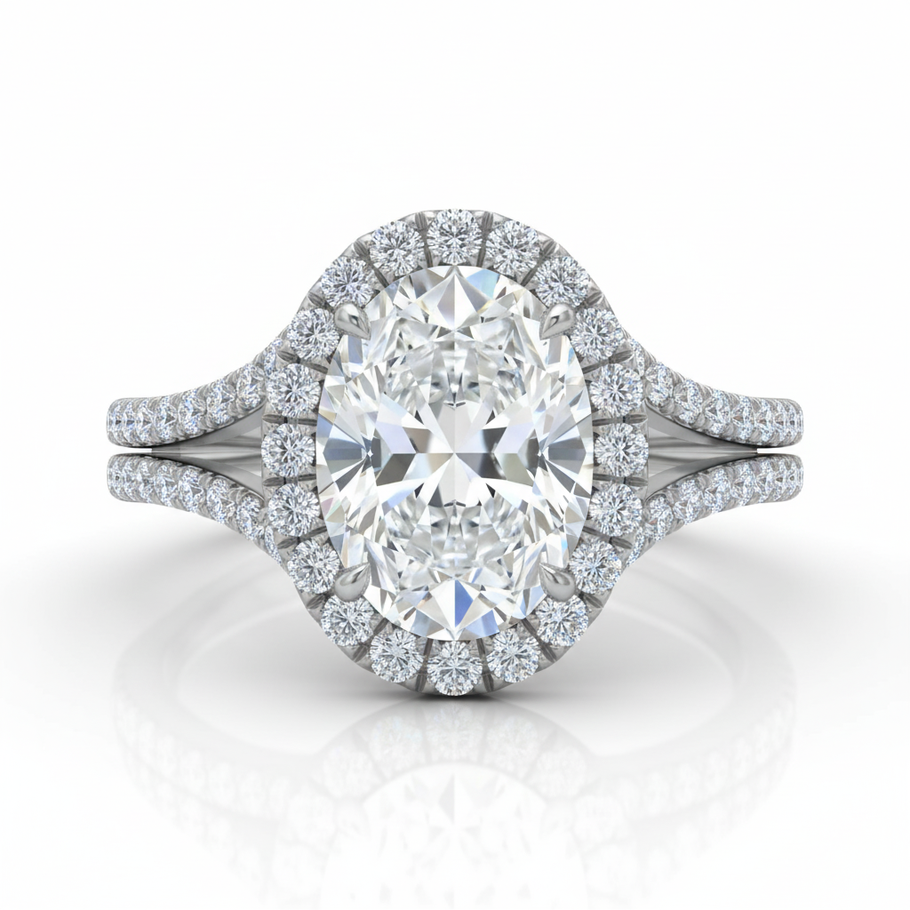 Oval Cut Moissanite Halo Engagement Ring, Split Shank Tiffany Style