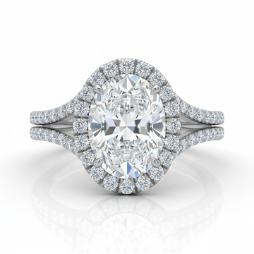 Oval Cut Moissanite Halo Engagement Ring, Split Shank Tiffany Style