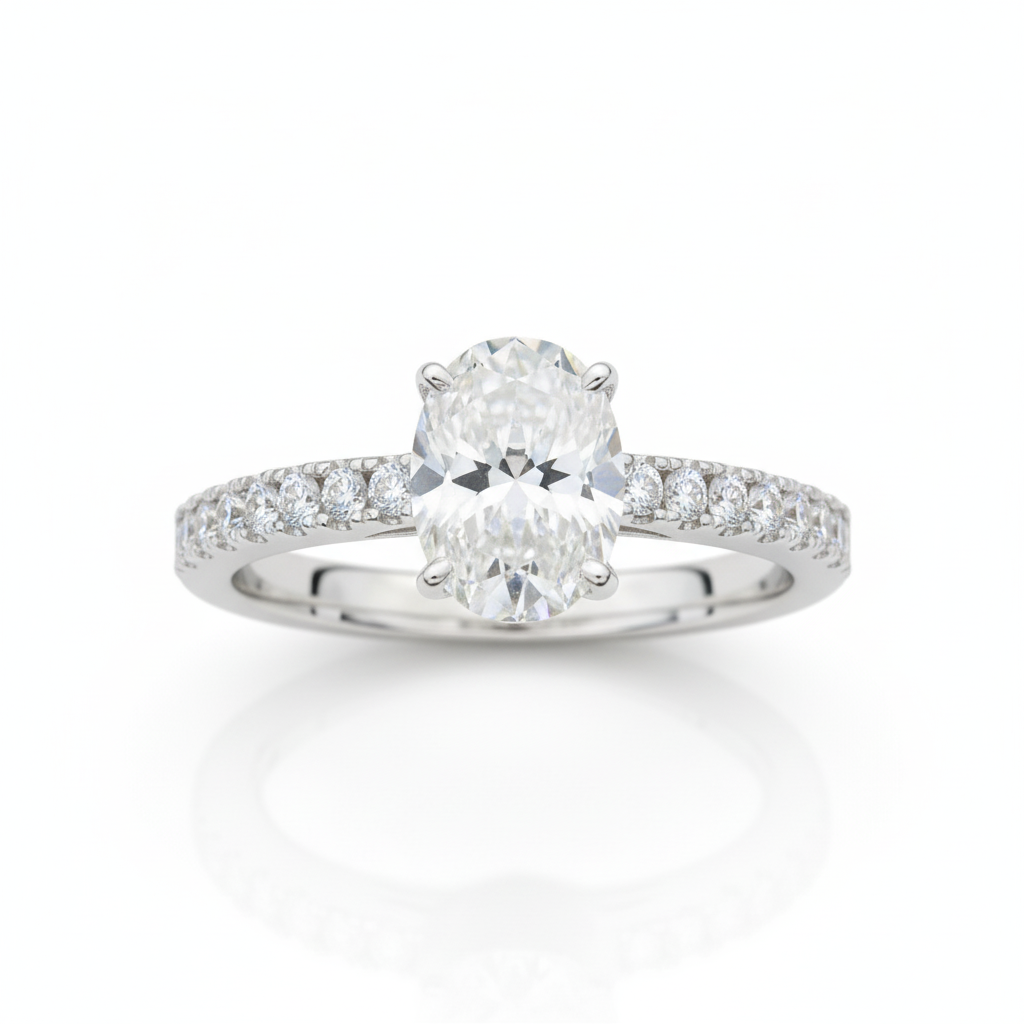 Oval Cut Moissanite Solitaire Engagement Ring with Pave Set Shoulders