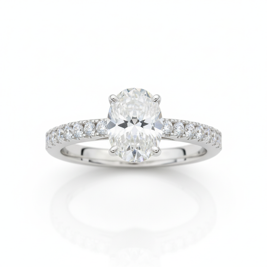 Oval Cut Moissanite Solitaire Engagement Ring with Pave Set Shoulders