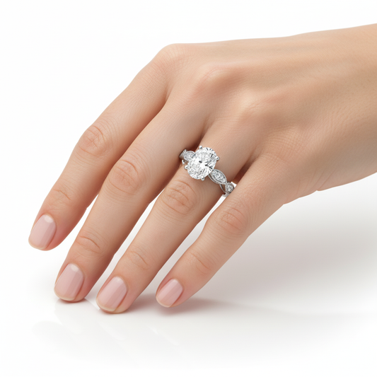 Oval Cut Shoulder Set Moissanite Engagement Ring, Pear Side Stones 