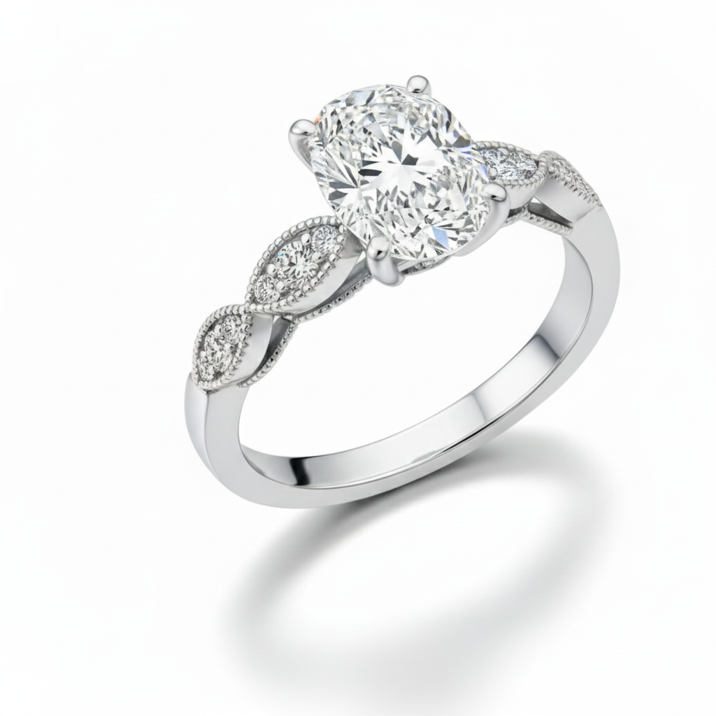 Oval Cut Shoulder Set Moissanite Engagement Ring, Pear Side Stones 