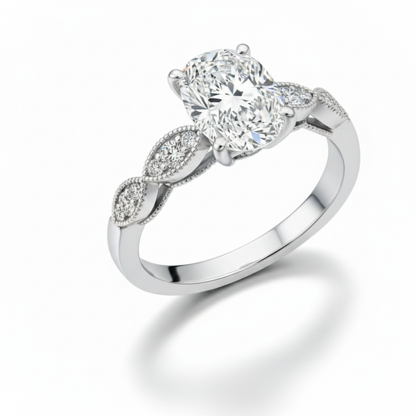 Oval Cut Shoulder Set Moissanite Engagement Ring, Pear Side Stones 