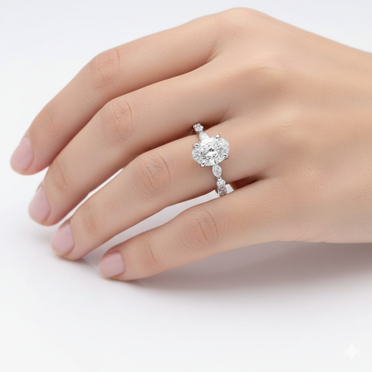 Oval Moissanite Engagement Ring with Mixed Stone Shoulder Detail