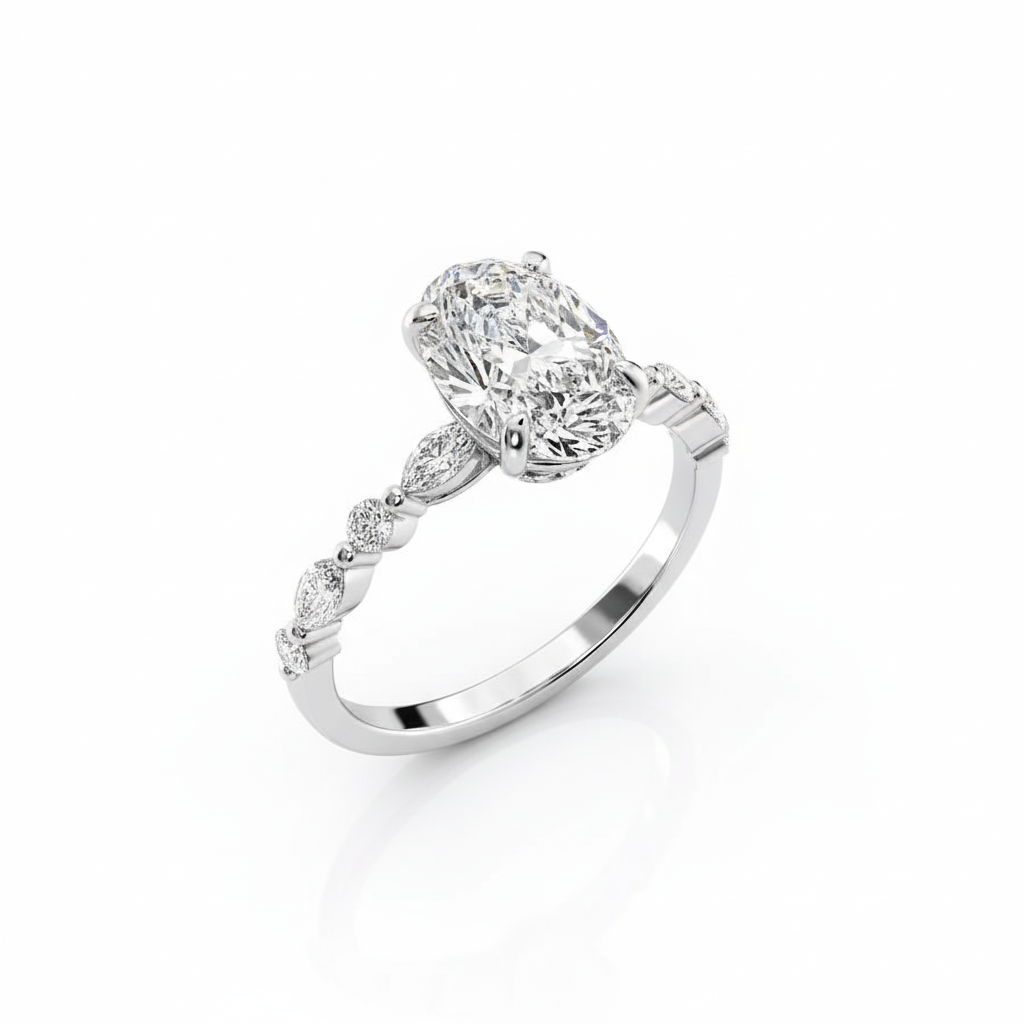 Oval Moissanite Engagement Ring with Mixed Stone Shoulder Detail